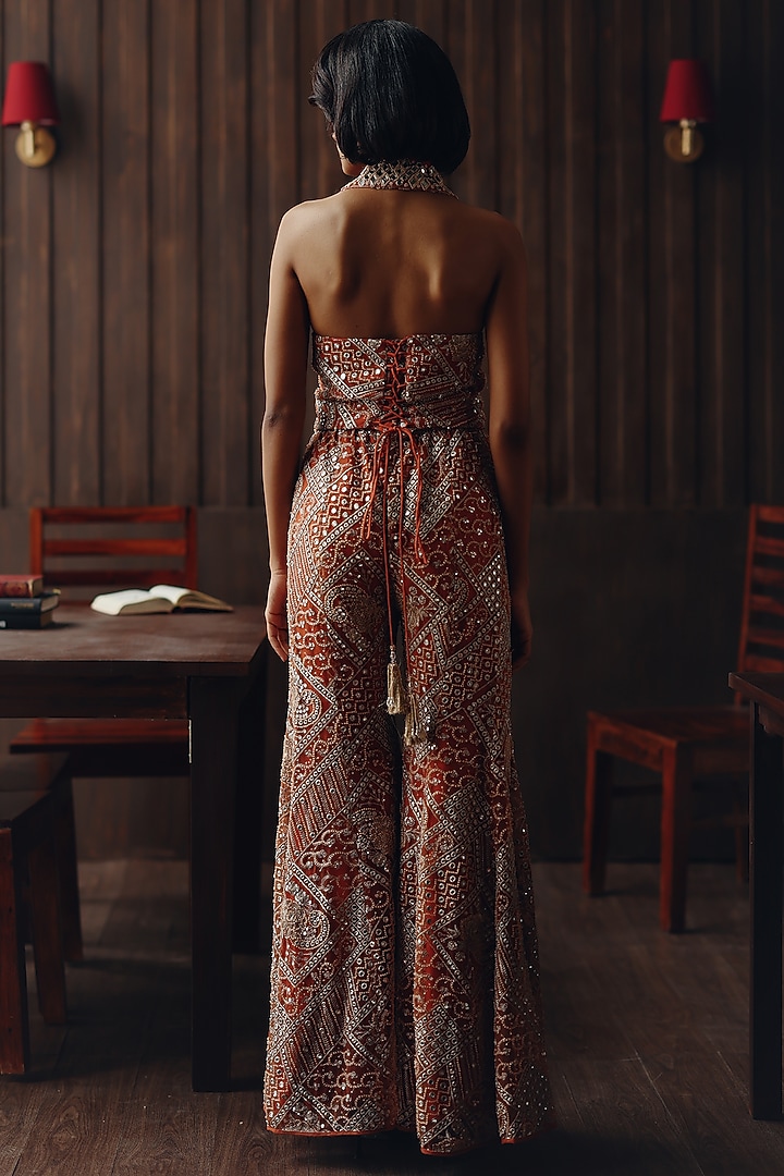 Rust Net Mirror & Beads Work Boot-Cut Pants by Twenty Nine at Pernia's Pop Up Shop