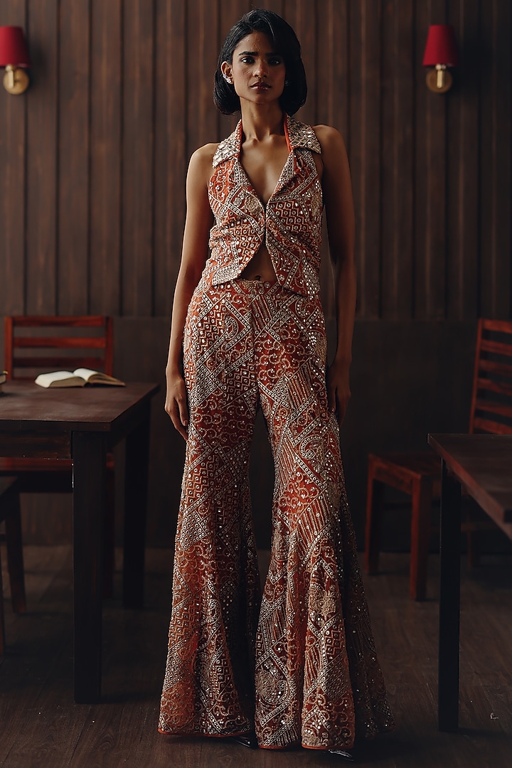 Rust Net Mirror & Beads Work Boot-Cut Pants by Twenty Nine at Pernia's Pop Up Shop