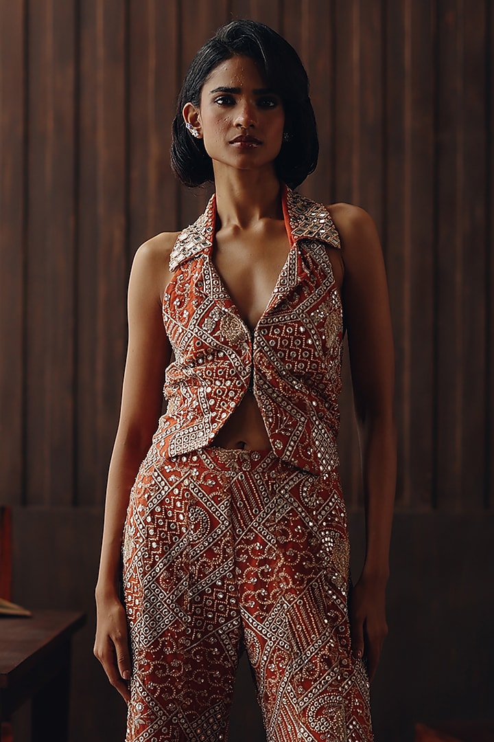 Rust Net Mirror & Beads Work Boot-Cut Pants by Twenty Nine at Pernia's Pop Up Shop