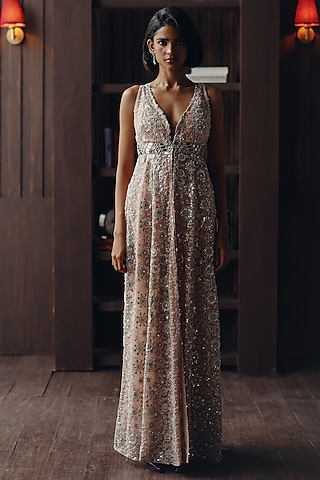 Blush Net Mirror Work Long Sleeveless Jacket by Twenty Nine