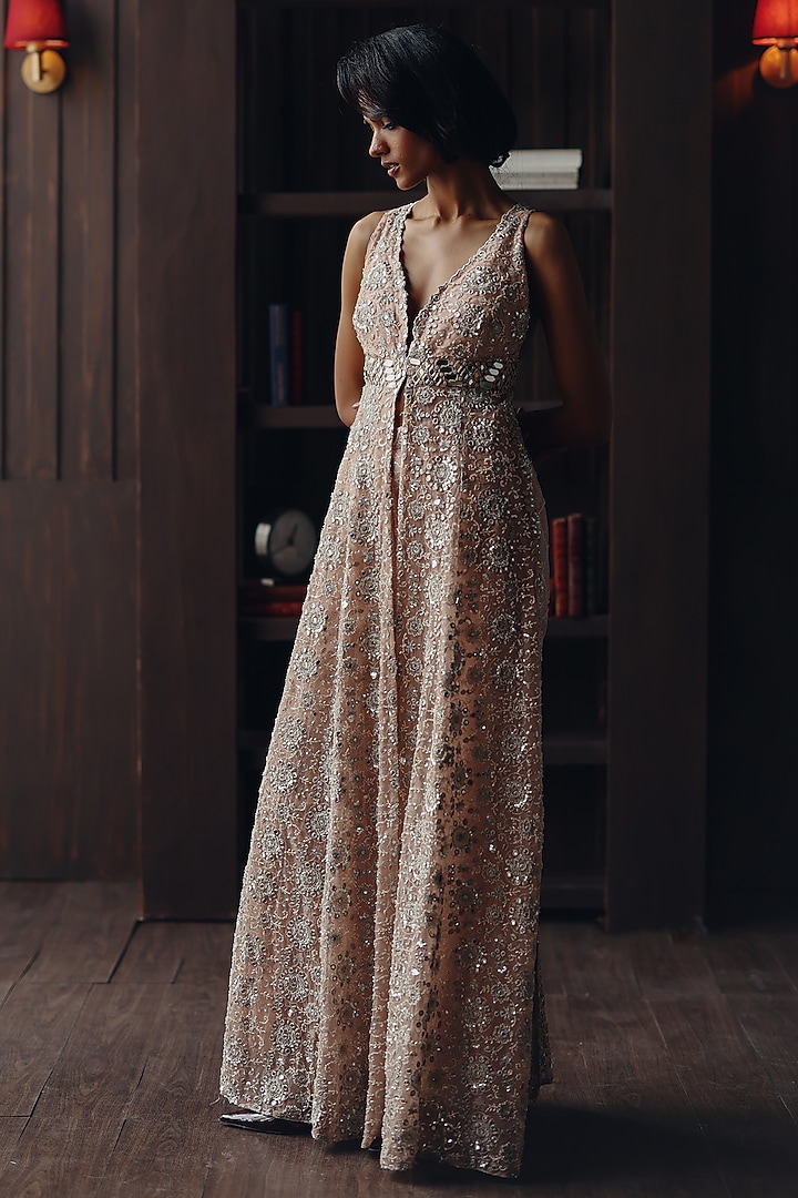Blush Net Mirror Work Long Sleeveless Jacket by Twenty Nine at Pernia's Pop Up Shop