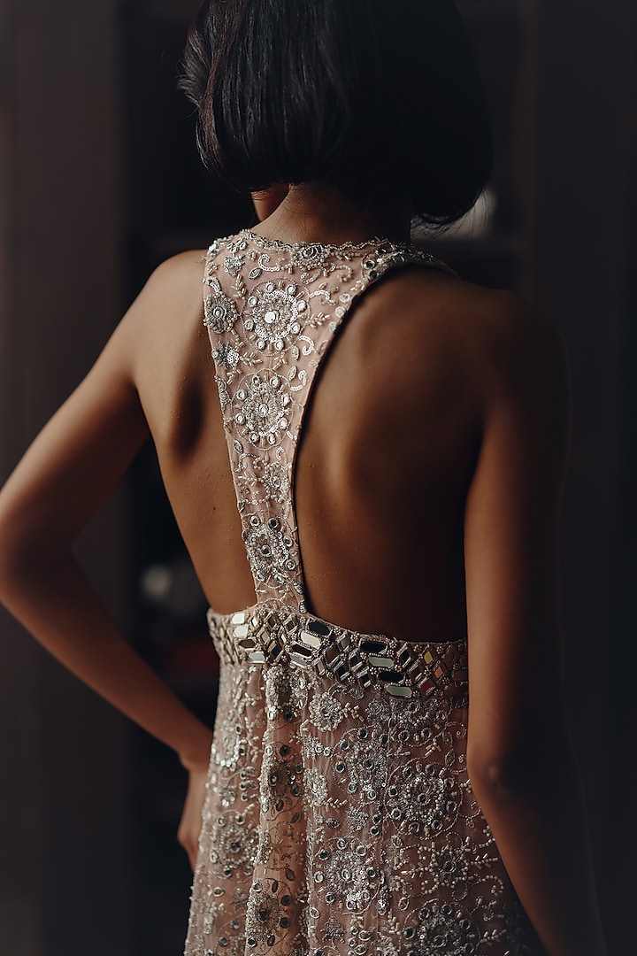 Blush Net Mirror Work Long Sleeveless Jacket by Twenty Nine at Pernia's Pop Up Shop