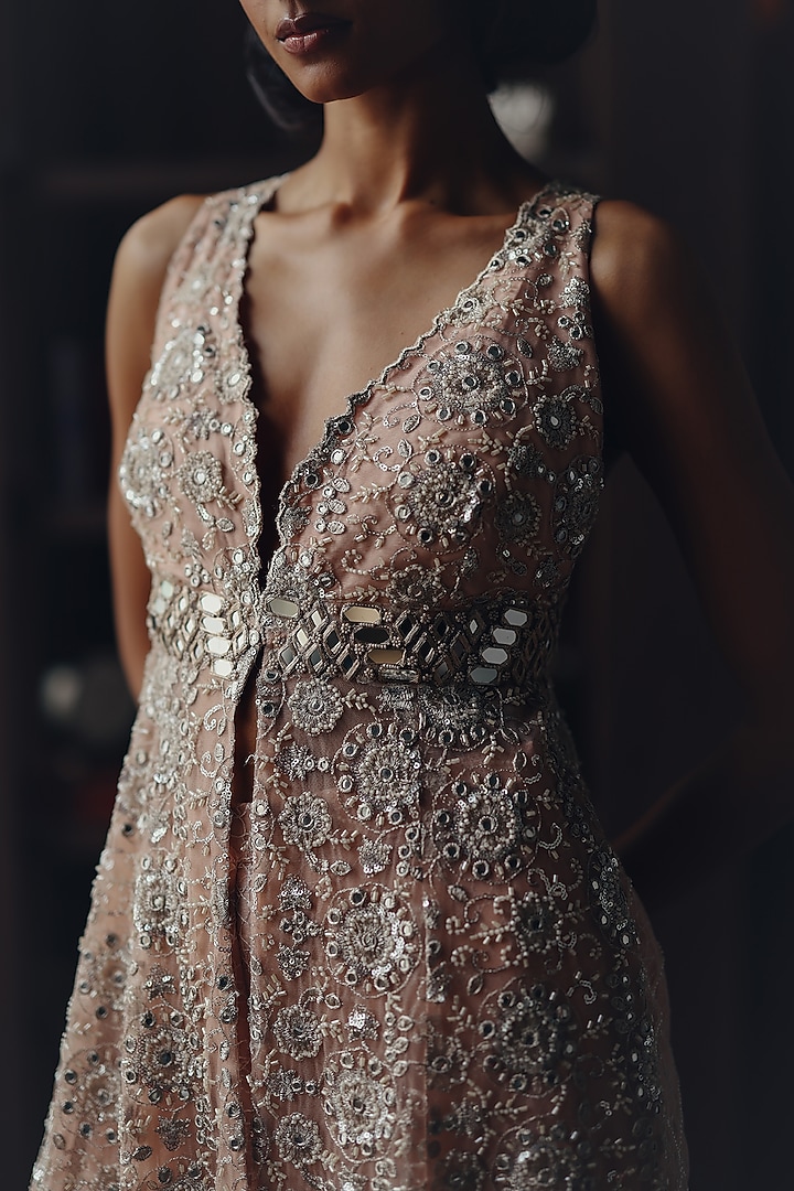 Blush Net Mirror Work Long Sleeveless Jacket by Twenty Nine at Pernia's Pop Up Shop