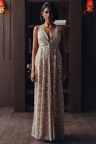 Blush Net Mirror & Beads Work Palazzo Pants by Twenty Nine