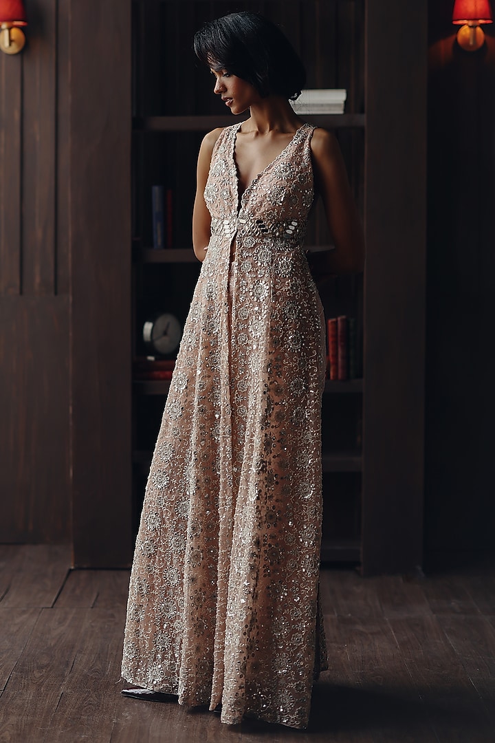 Blush Net Mirror & Beads Work Palazzo Pants by Twenty Nine at Pernia's Pop Up Shop
