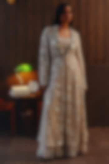 Blush Net Mirror & Beads Work Long Blazer by Twenty Nine at Pernia's Pop Up Shop