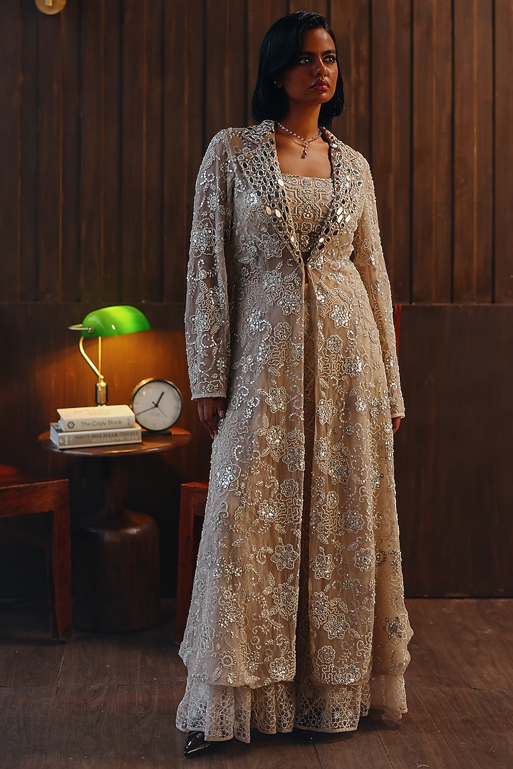 Blush Net Mirror & Beads Work Long Blazer by Twenty Nine at Pernia's Pop Up Shop