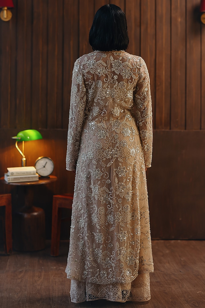 Blush Net Mirror & Beads Work Long Blazer by Twenty Nine at Pernia's Pop Up Shop