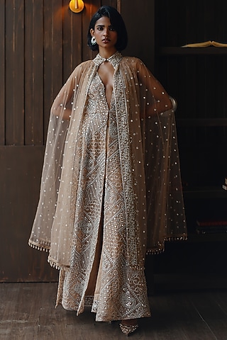 Light Gold Net Mirror & Beads Work Jacket by Twenty Nine