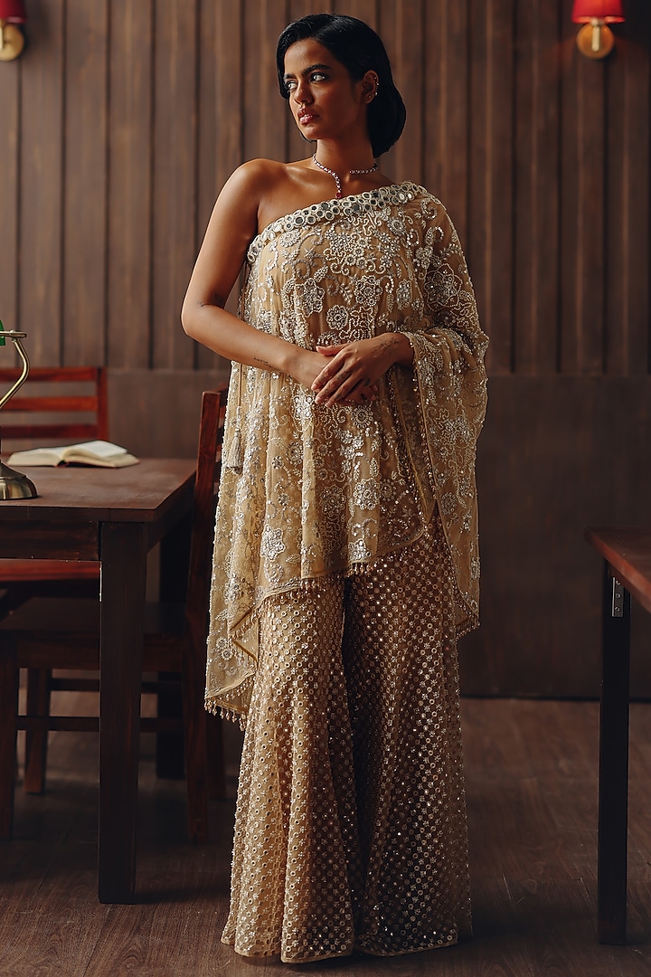 Caramel Net Mirror work One-Shoulder Cape by Twenty Nine at Pernia's Pop Up Shop