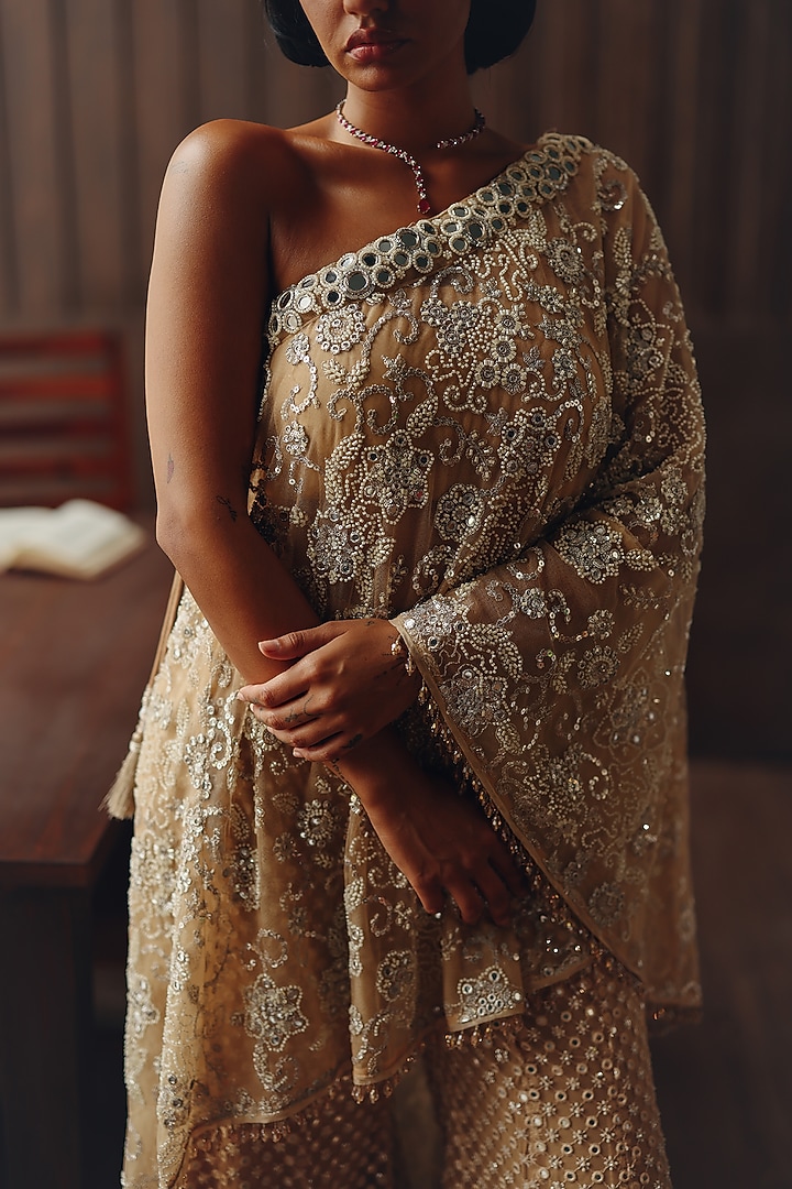Caramel Net Mirror work One-Shoulder Cape by Twenty Nine at Pernia's Pop Up Shop