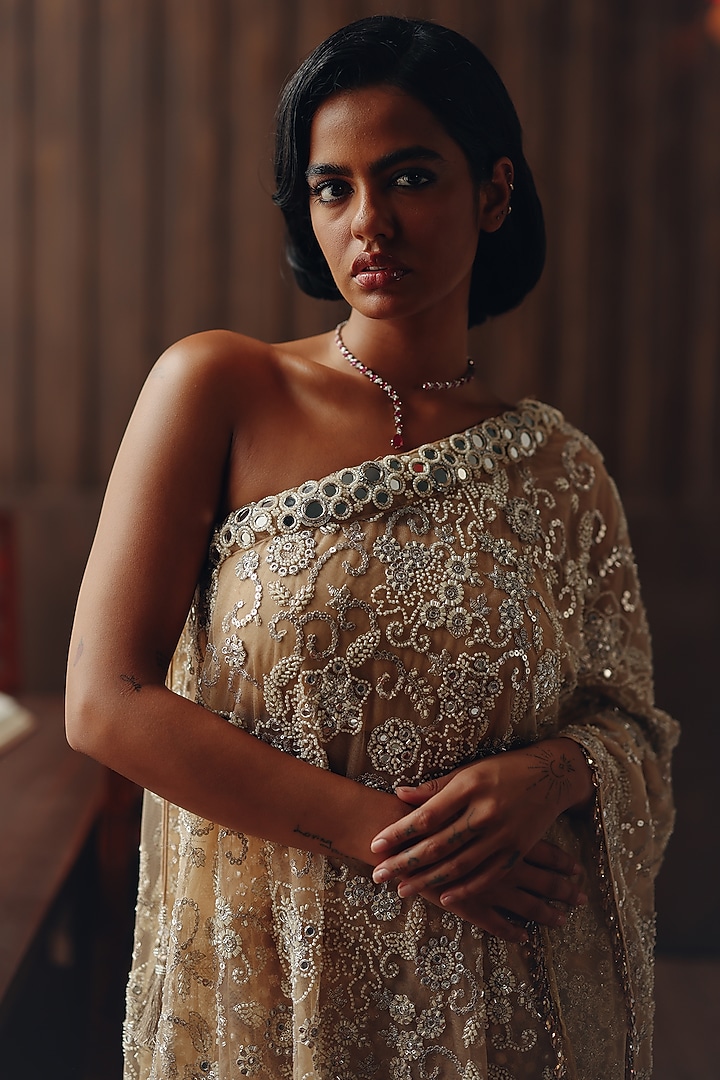 Caramel Net Mirror work One-Shoulder Cape by Twenty Nine at Pernia's Pop Up Shop
