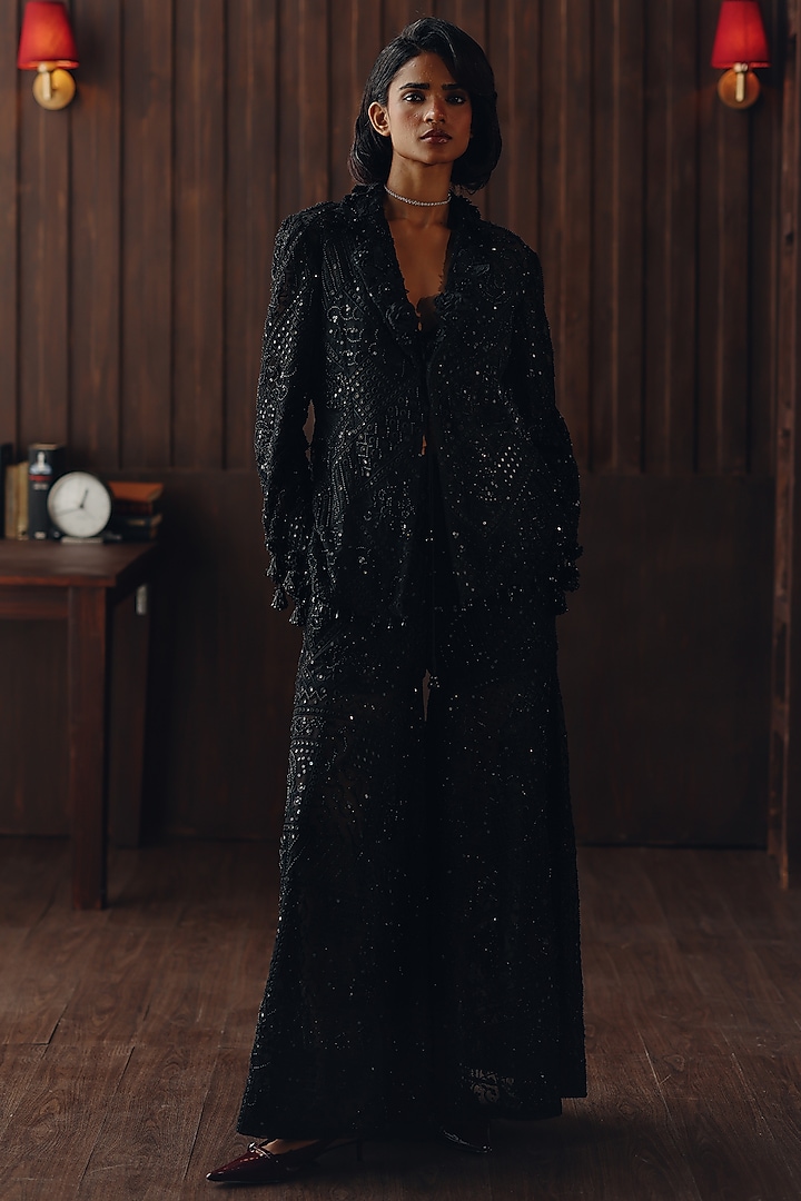 Midnight Black Net Mirror Work Blazer by Twenty Nine at Pernia's Pop Up Shop