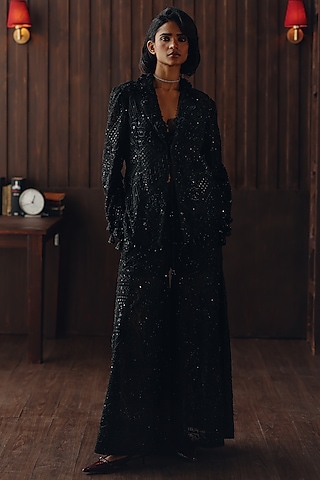 Midnight Black Net Mirror Work Blazer by Twenty Nine
