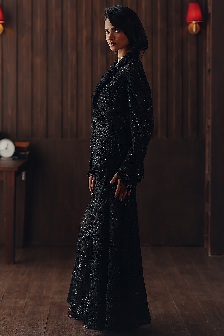 Midnight Black Net Mirror Work Blazer by Twenty Nine at Pernia's Pop Up Shop