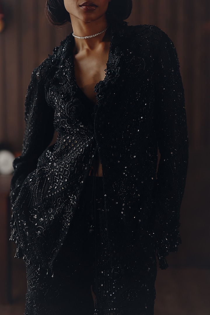 Midnight Black Net Mirror Work Blazer by Twenty Nine at Pernia's Pop Up Shop