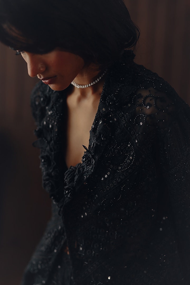 Midnight Black Net Mirror Work Blazer by Twenty Nine at Pernia's Pop Up Shop