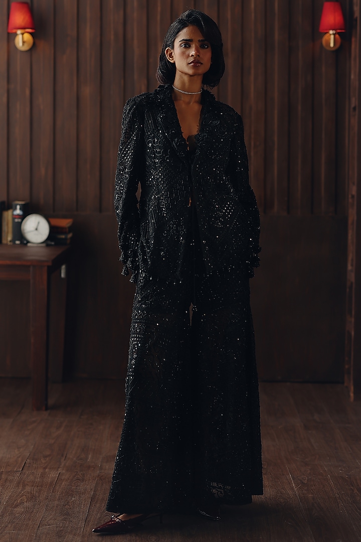 Midnight Black Tulle Bootcut Pants by Twenty Nine at Pernia's Pop Up Shop