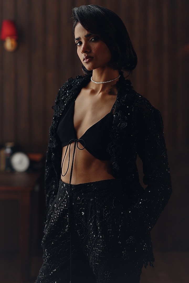 Midnight Black Net Mirror Work Bandeau by Twenty Nine at Pernia's Pop Up Shop