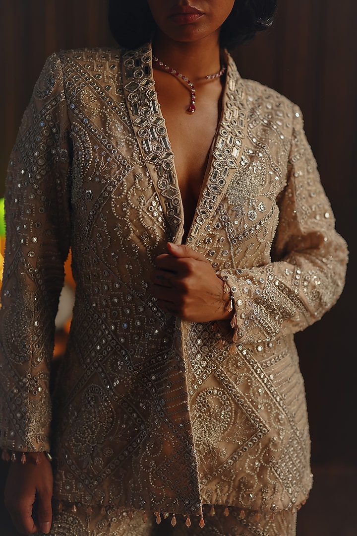 Blush Net Mirror Work Blazer by Twenty Nine at Pernia's Pop Up Shop
