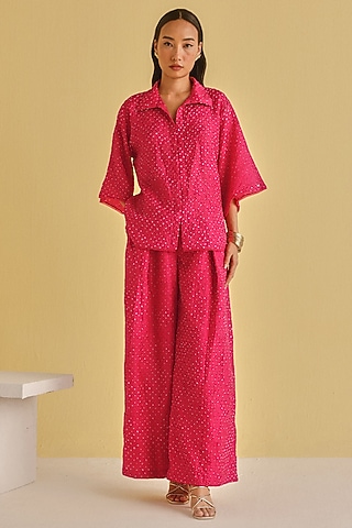 Watermelon-Colored Silk Bandhani Tie-Dyed Shirt by Twenty Nine