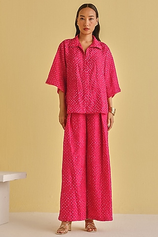 Watermelon-Colored Silk Bandhani Pants by Twenty Nine