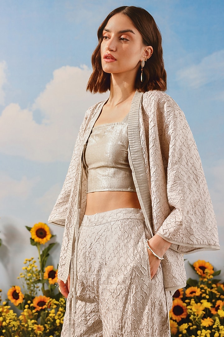 Silver Grey Silk Bandhani Tie-Dyed Shirt by Twenty Nine at Pernia's Pop Up Shop