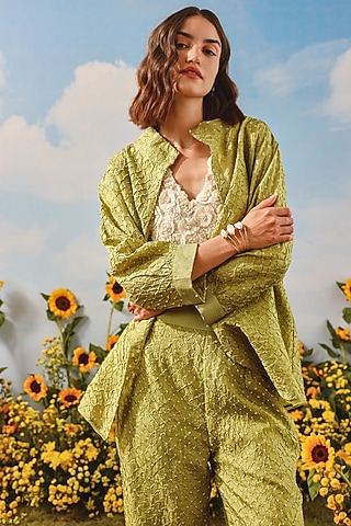 Neon Green Silk Bandhani Tie-Dyed Shirt by Twenty Nine