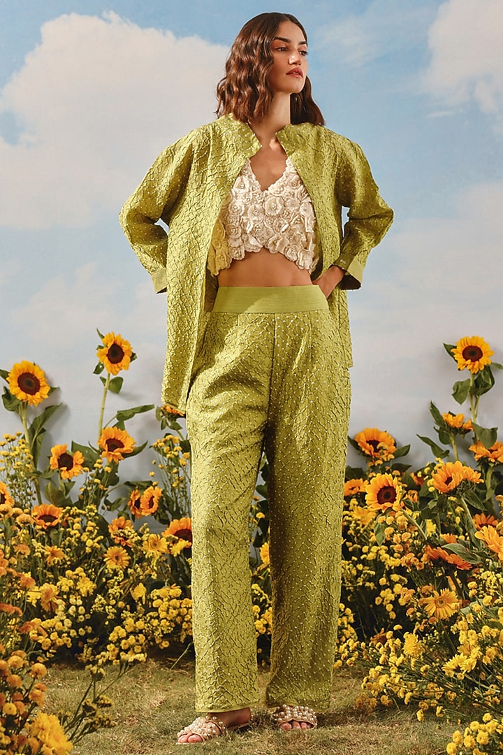 Neon Green Silk Bandhani Tie-Dyed Shirt by Twenty Nine at Pernia's Pop Up Shop