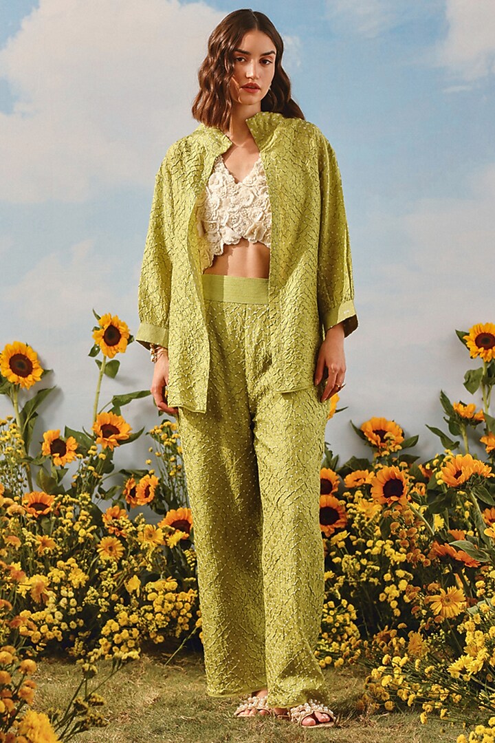 Neon Green Silk Bandhani Tie-Dyed Shirt by Twenty Nine at Pernia's Pop Up Shop