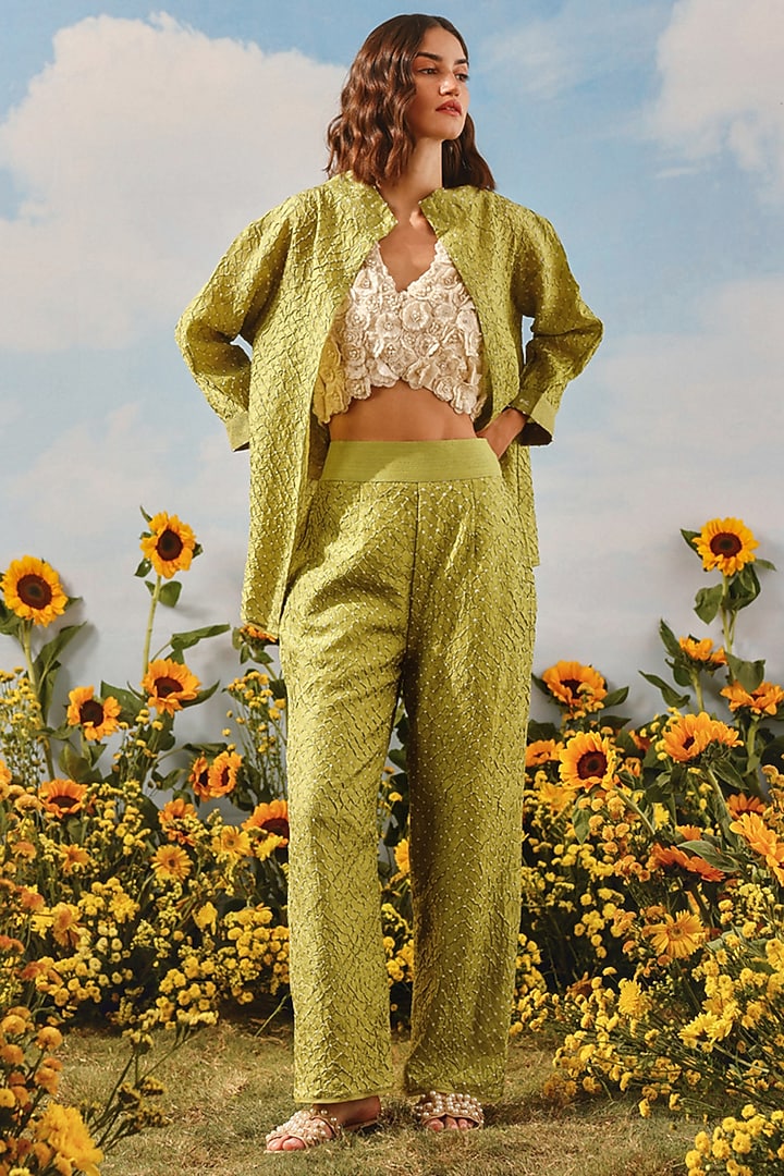 Neon Green Silk Bandhani Pants by Twenty Nine at Pernia's Pop Up Shop
