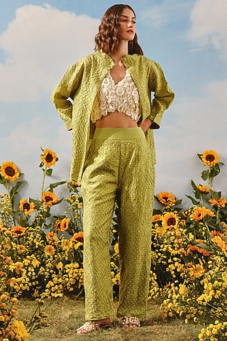 Neon Green Silk Bandhani Pants by Twenty Nine