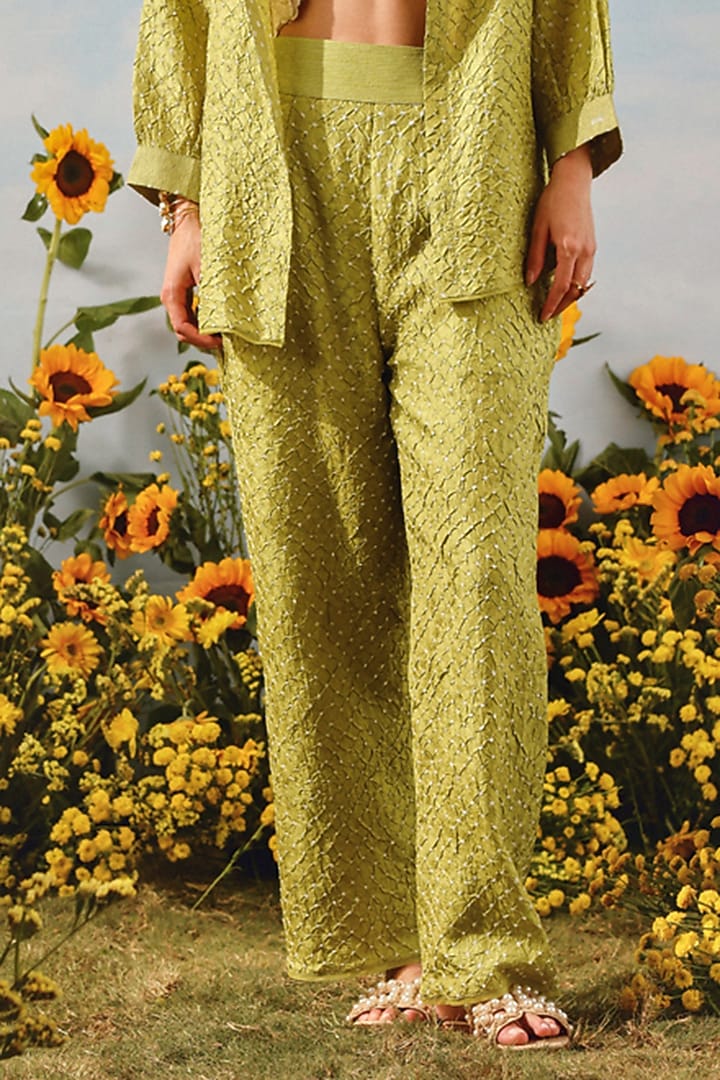 Neon Green Silk Bandhani Pants by Twenty Nine at Pernia's Pop Up Shop
