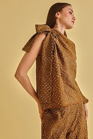Mocha Silk Bandhani Tie-Up Top by Twenty Nine