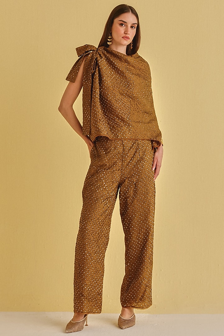 Mocha Silk Bandhani Tie-Up Top by Twenty Nine at Pernia's Pop Up Shop