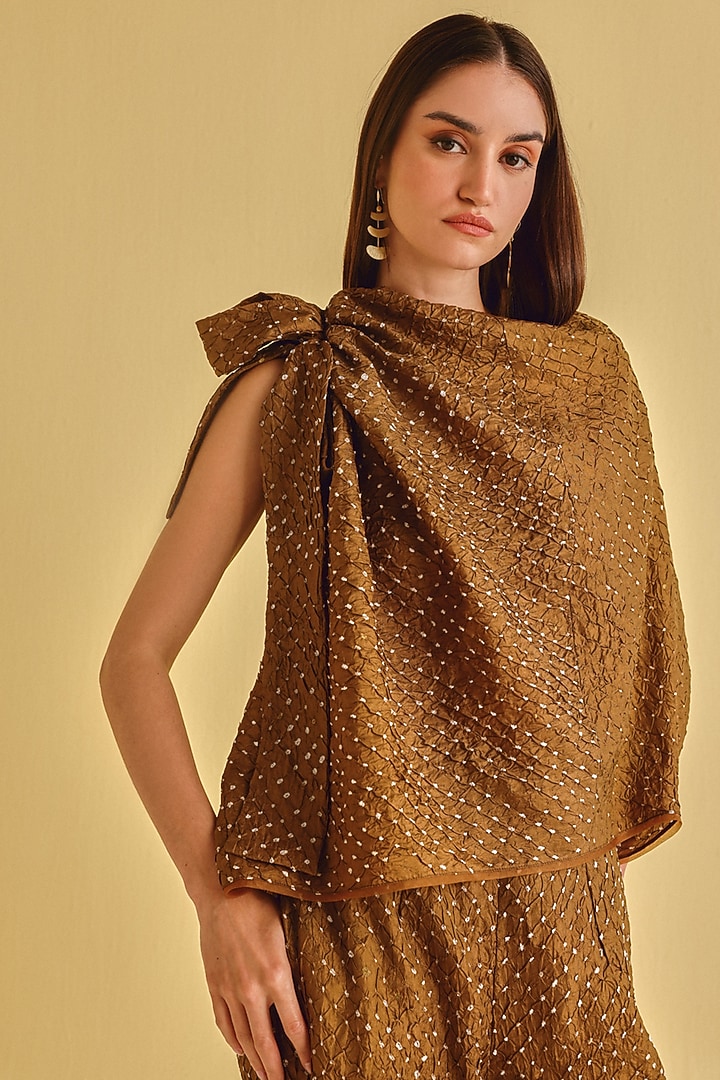 Mocha Silk Bandhani Tie-Up Top by Twenty Nine at Pernia's Pop Up Shop