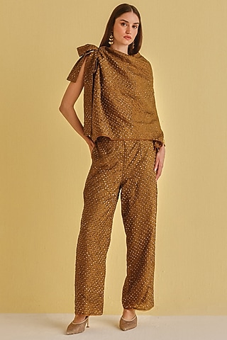 Mocha Silk Bandhani Pants by Twenty Nine