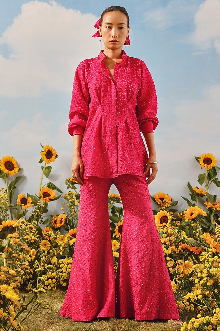 Watermelon-Colored Silk Bandhani Vacation Shirt Dress by Twenty Nine at Pernia's Pop Up Shop