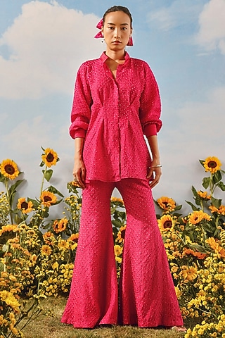 Watermelon-Colored Silk Bandhani Shirt Dress by Twenty Nine