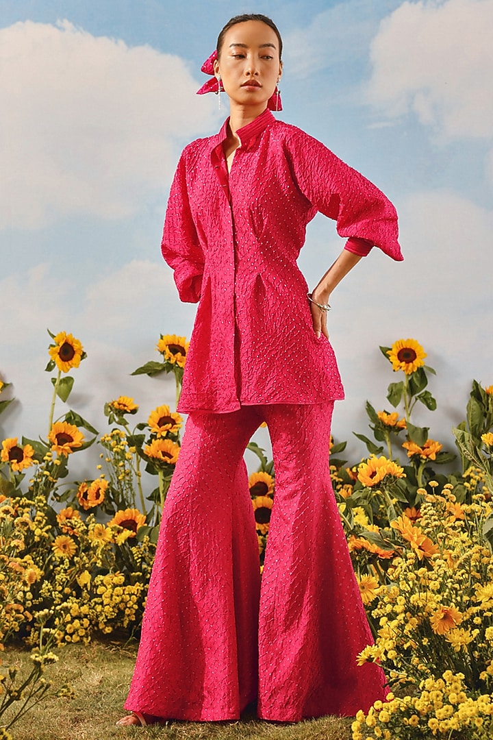 Watermelon-Colored Silk Bandhani Vacation Shirt Dress by Twenty Nine at Pernia's Pop Up Shop