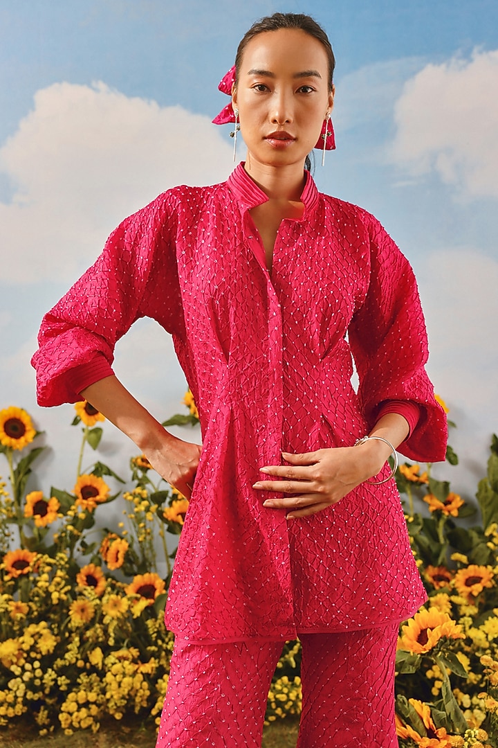 Watermelon-Colored Silk Bandhani Vacation Shirt Dress by Twenty Nine at Pernia's Pop Up Shop