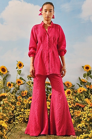 Watermelon-Colored Silk Bandhani Pants by Twenty Nine