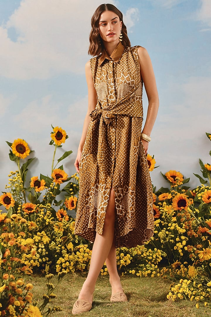 Mocha Gajji Silk Bandhani Vacation Dress by Twenty Nine at Pernia's Pop Up Shop