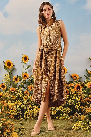Mocha Gajji Silk Bandhani Dress by Twenty Nine
