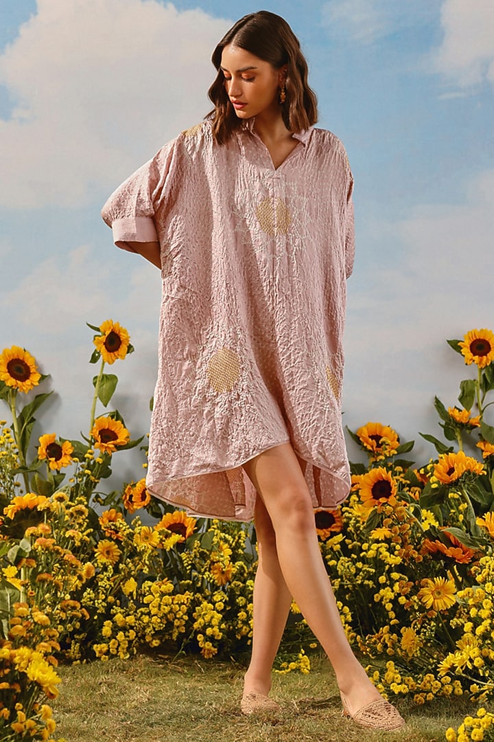 Blush Gajji Silk Bandhani Vacation Shirt Dress by Twenty Nine at Pernia's Pop Up Shop
