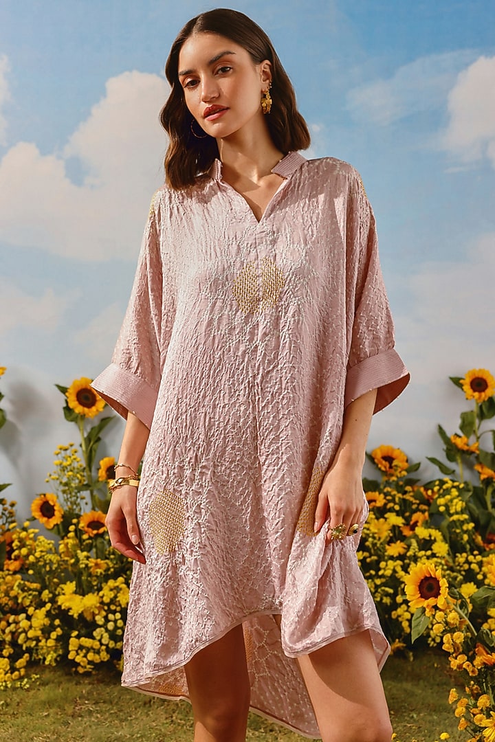 Blush Gajji Silk Bandhani Vacation Shirt Dress by Twenty Nine at Pernia's Pop Up Shop