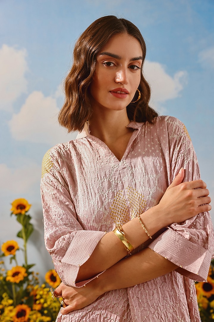 Blush Gajji Silk Bandhani Vacation Shirt Dress by Twenty Nine at Pernia's Pop Up Shop