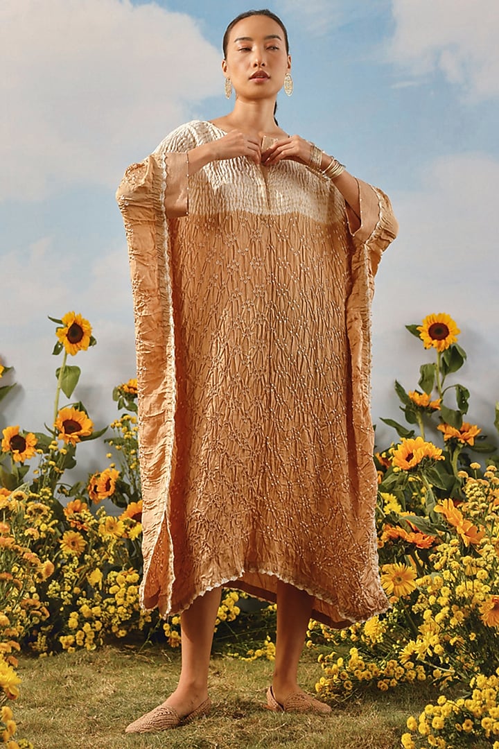 Golden Gajji Silk Bandhani Shibori Shirt Vacation Dress by Twenty Nine at Pernia's Pop Up Shop