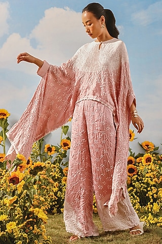 Blush Gajji Silk Bandhani Flared Pants by Twenty Nine