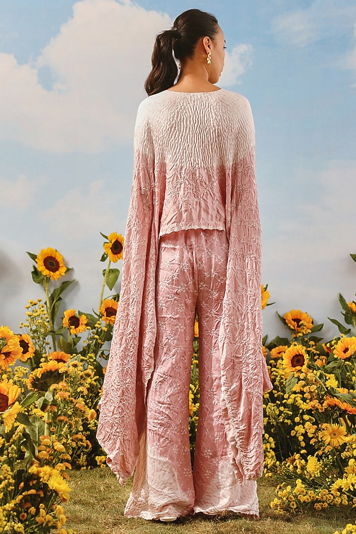 Blush Gajji Silk Bandhani Flared Pants by Twenty Nine at Pernia's Pop Up Shop